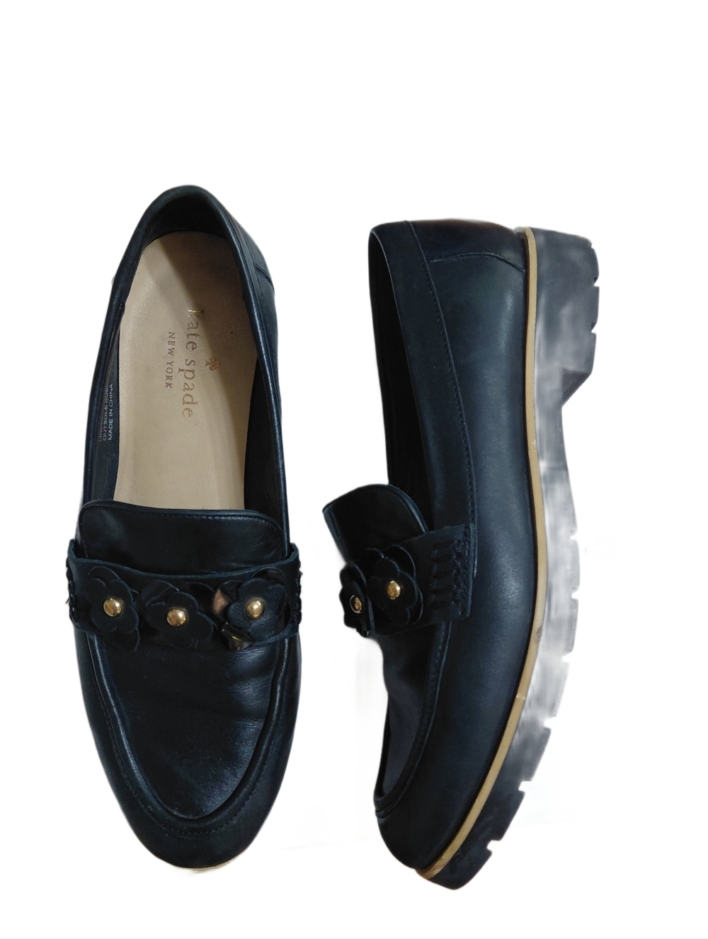 kate spade Flowered Black Leather Penny Loafers Karissa Size 7 M